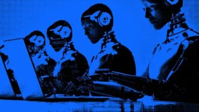 Robots wearing headphones working on computers in a futuristic setting.