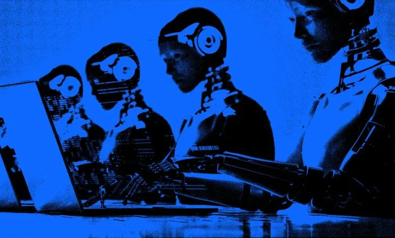 Robots wearing headphones working on computers in a futuristic setting.