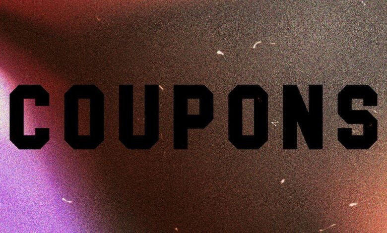 Text 'COUPONS' in bold black font on a textured background.