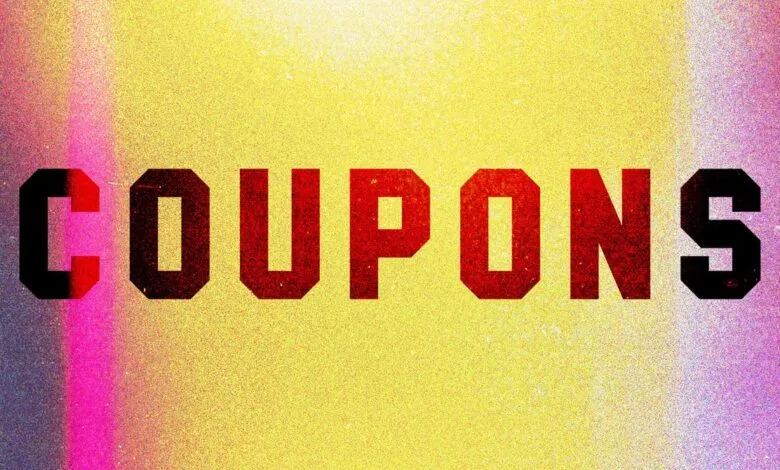 Bold red text spelling out 'COUPONS' against a vibrant, grainy background.
