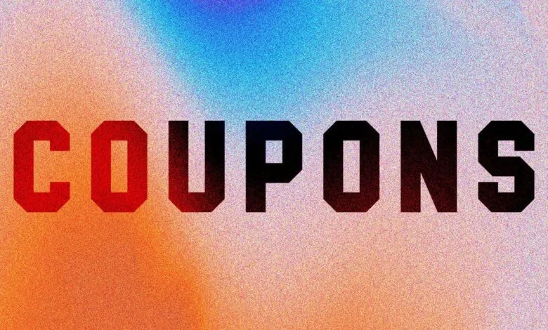 The word COUPONS in bold, block letters against a gradient background.