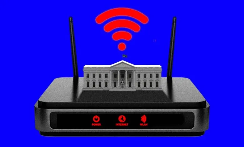 A miniature White House sits atop a Wi-Fi router with a red signal emanating upwards.