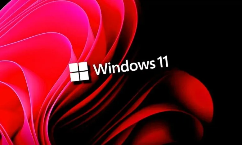 Windows 11 logo with a vibrant red abstract background.