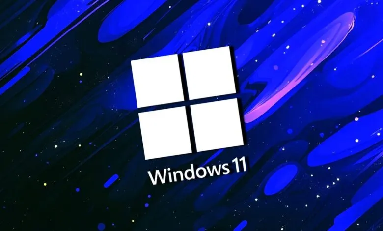 Windows 11 logo on a vibrant blue and black abstract background.