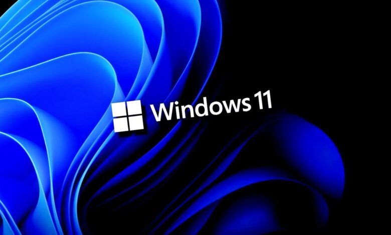 The Windows 11 logo with the text 'Windows 11' against a dark background with flowing blue abstract shapes.