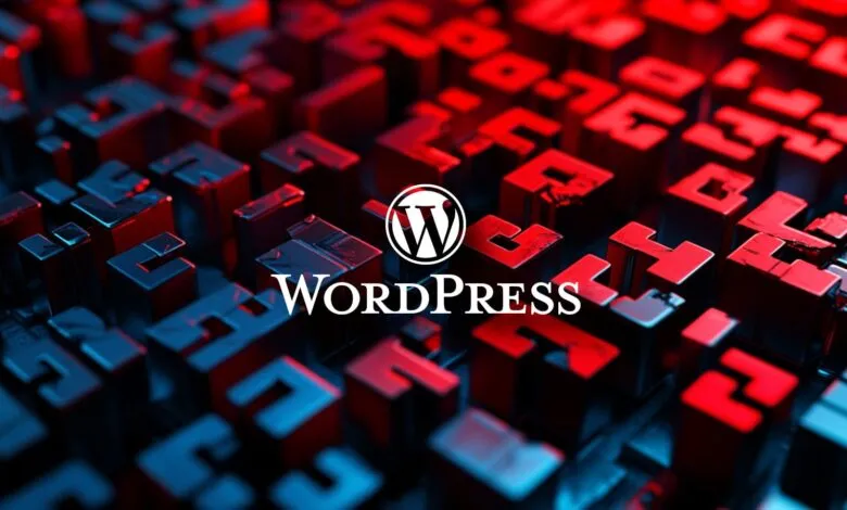 WordPress logo centered over a dark, abstract background of red and blue geometric shapes.