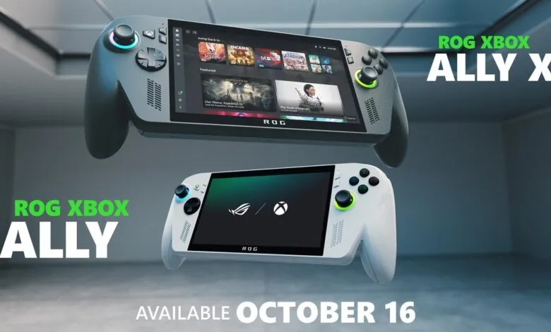 Two ROG Ally gaming handhelds, one grey and one white, displayed with text indicating availability.