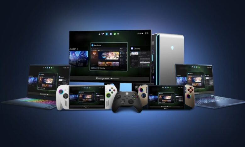 Collection of gaming devices including laptops, a monitor, and controllers displaying game interfaces.