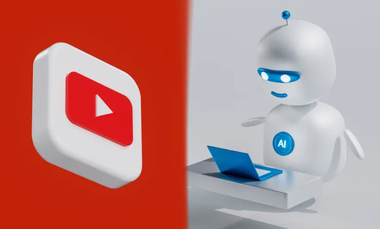 YouTube logo and a friendly AI robot with a laptop.