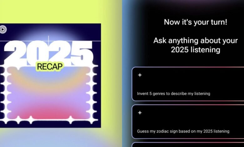 YouTube Music 2025 Recap interface with interactive question prompts.