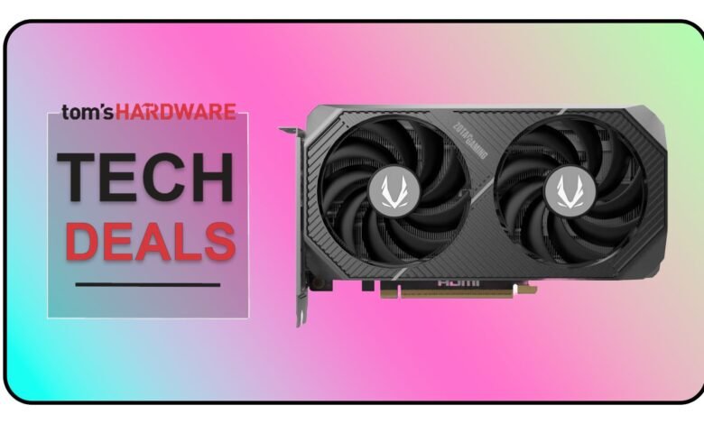Tom's Hardware Tech Deals graphic featuring a Zotac gaming graphics card.