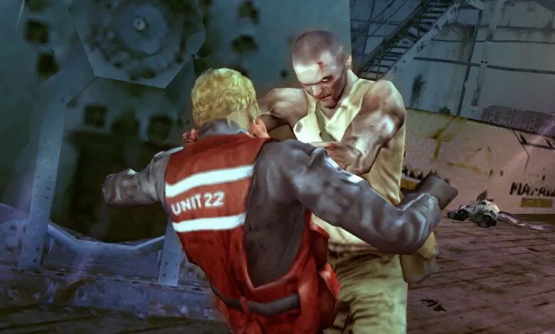 Man in Unit 22 vest fights zombie in industrial setting.
