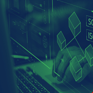 Close-up of hands typing on a laptop with a futuristic digital interface overlay.