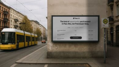 Digital billboard displaying job opportunities from Peec AI in Berlin.