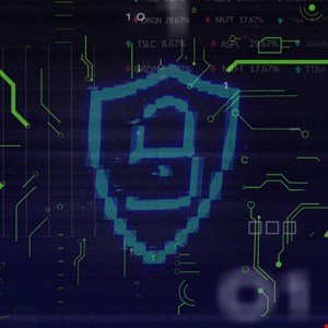 Digital shield with a lock icon, representing cybersecurity and data protection.