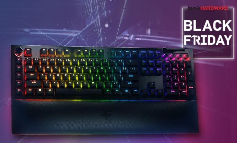 Razer keyboard with rainbow lighting and Black Friday sale banner.