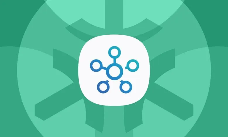 Abstract icon of a network or molecule with connecting nodes on a teal background.