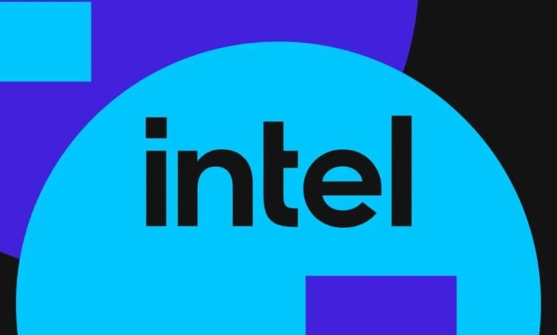 Intel logo in black on a light blue circle with purple and black geometric shapes.