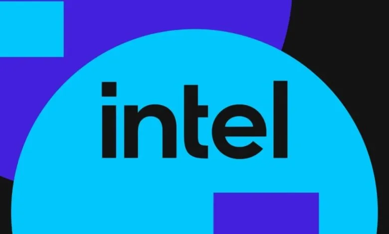 Intel logo in black on a light blue circle with purple and black geometric shapes.