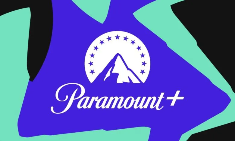 Paramount+ logo with mountain and stars on a vibrant abstract background.