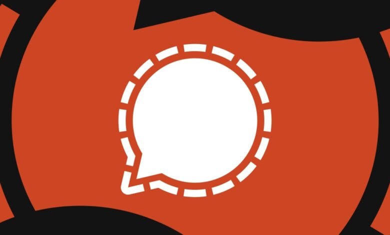 Signal app logo: white speech bubble with dashed circle on orange background.