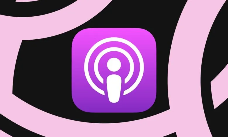 Apple Podcasts app icon with a purple gradient background and white waveform.