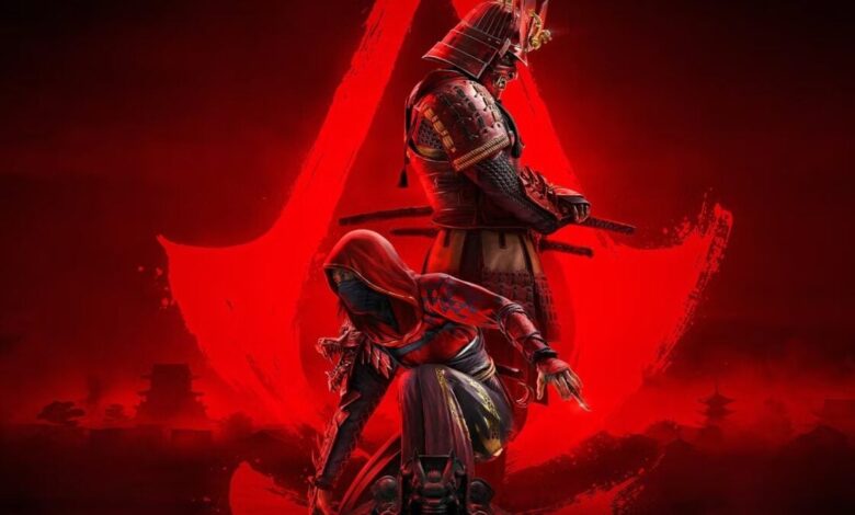 Samurai warrior and assassin figures against a red background with Japanese architecture.