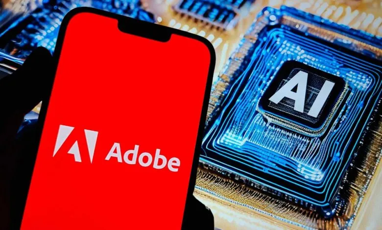 Adobe logo on a red phone screen next to a blue circuit board with AI symbol