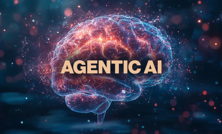 Abstract digital brain with glowing neural network and text 'AGENTIC AI'