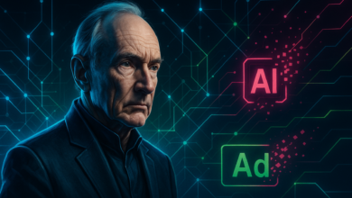 Portrait of an older man with a serious expression, set against a digital background with AI and Ad symbols.