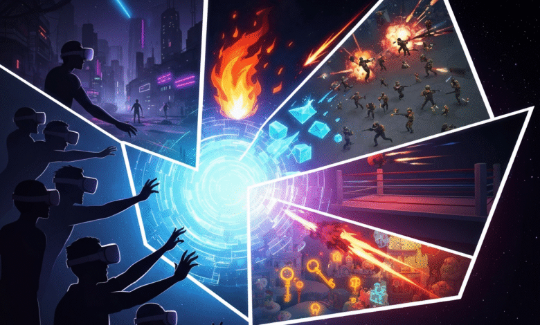 Collage of virtual reality experiences including futuristic city, combat, and gaming.