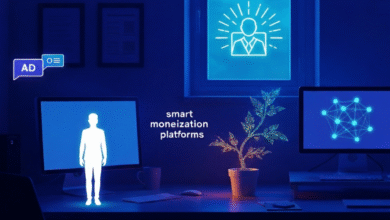 Desk with computers displaying human silhouettes and network nodes, with 'AD' icon and a glowing plant.