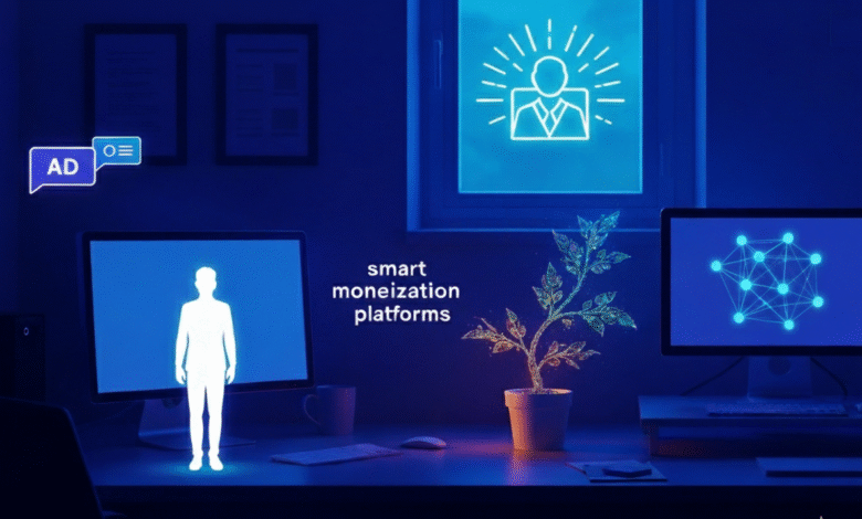 Desk with computers displaying human silhouettes and network nodes, with 'AD' icon and a glowing plant.