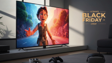 Modern TV displaying animated character, with gaming controllers and VR headset on the floor.