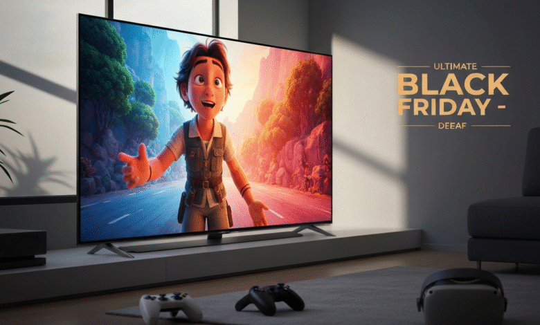 Modern TV displaying animated character, with gaming controllers and VR headset on the floor.