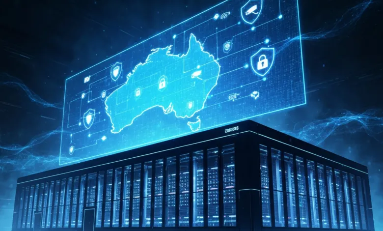 Data center with Australia map overlay showing security icons for cybersecurity.