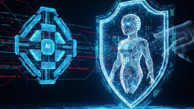 Holographic AI figure inside a digital shield, with a hand reaching out.