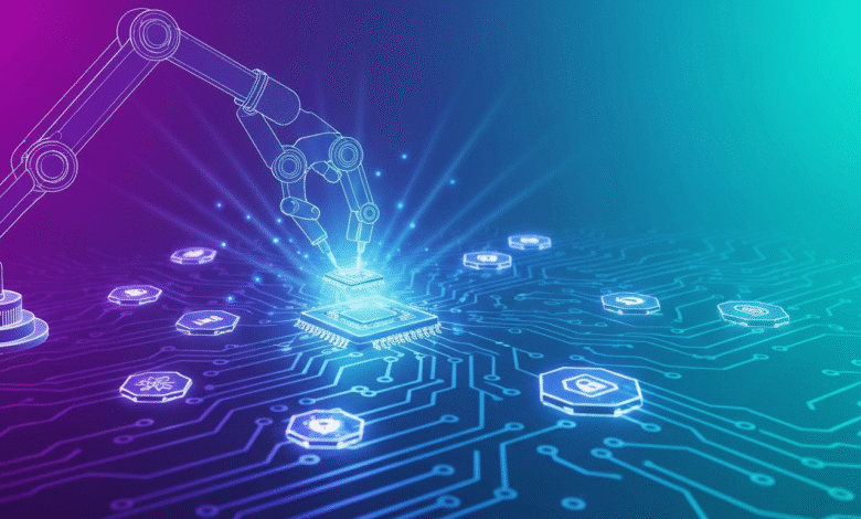 Robotic arm placing a microchip on a glowing circuit board with hexagonal icons.