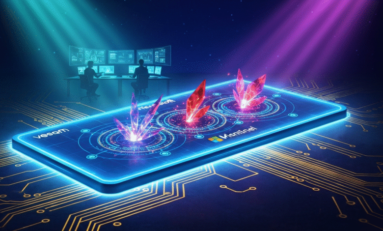 Futuristic smartphone displaying glowing crystals and circuit board patterns.