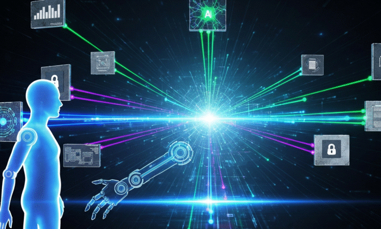 Blue humanoid figure and robotic arm interacting with digital data streams and AI icons.