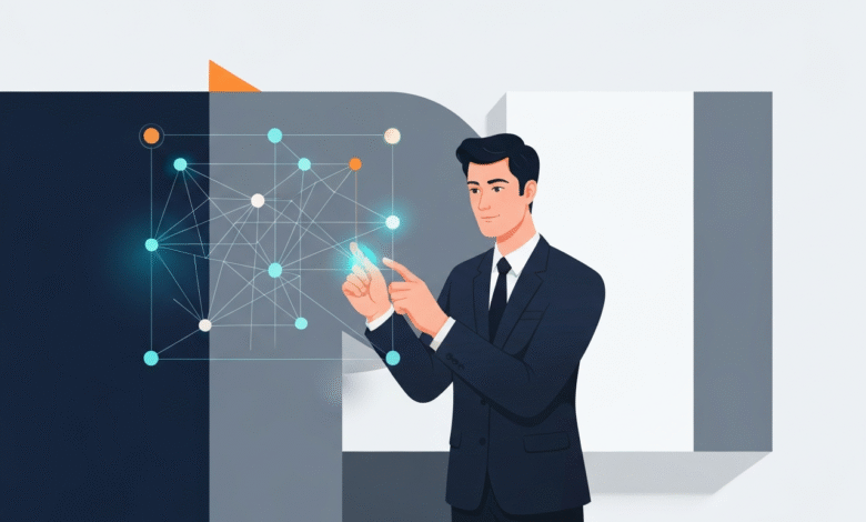 Man in a suit interacting with a glowing network visualization.
