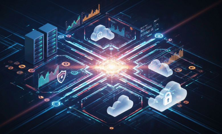 Digital network diagram with servers, clouds, and security icons.