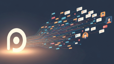 Abstract representation of data flow from a central glowing logo to numerous connected chat bubbles and user icons.