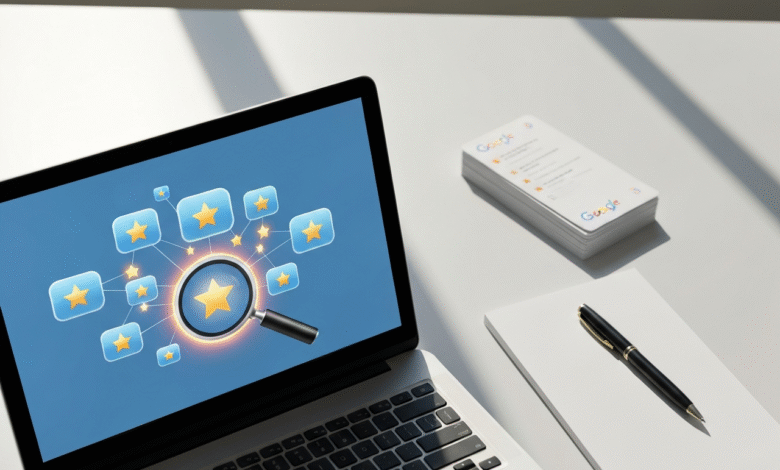 Laptop screen displaying a magnifying glass focusing on a star within a network of stars.