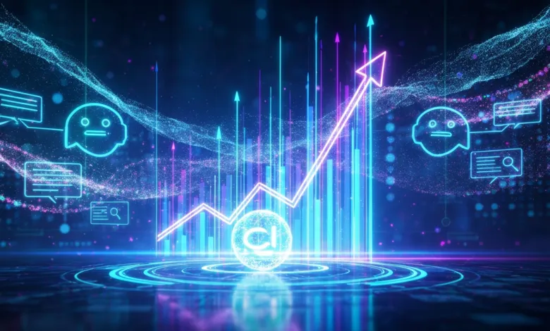 Digital graph with upward trend, chat icons, and glowing @ symbol.