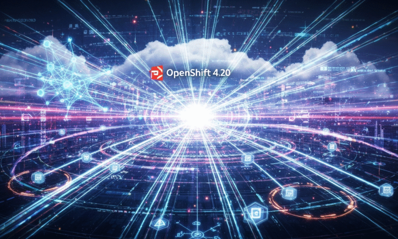 Abstract digital network with glowing lines, clouds, and the OpenShift 4.20 logo.