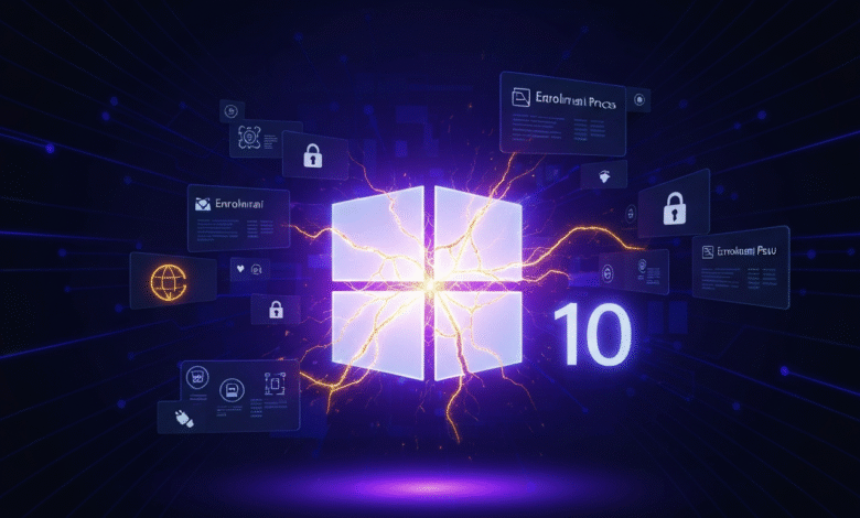 Glowing Windows 10 logo with digital interface elements and electric energy.