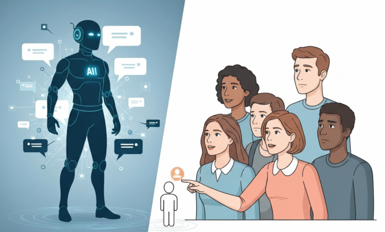 Illustration of an AI robot interacting with a diverse group of people.
