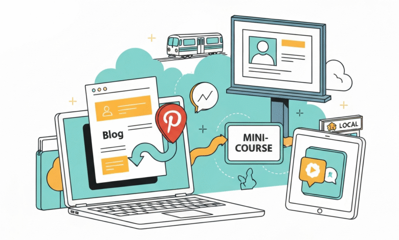 Illustration of digital devices showing blog, mini-course, and local content with icons.
