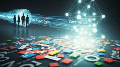 Silhouettes of people standing before a glowing tunnel labeled 'New Discovery Engine' with a network graph labeled 'Governance' above scattered colorful tiles.
